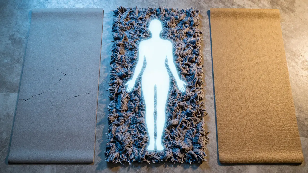 Tři typy povrchů: beton, dlouhý koberec a jóga mat — ideální povrch je v prostředku.