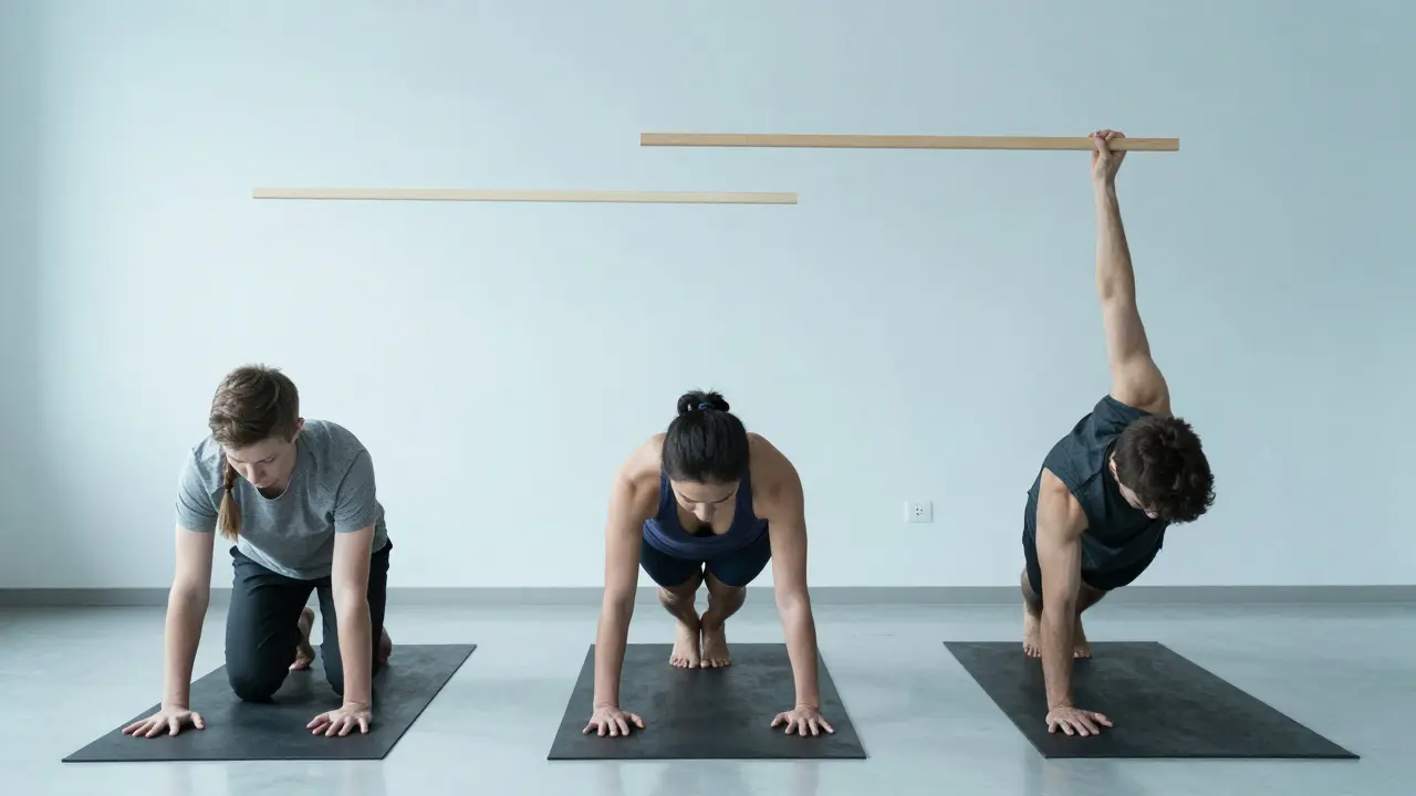 Tři úrovně planku: začátečník, středně pokročilý a pokročilý, všechny s přímkou těla.