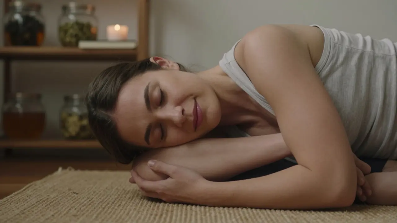 Žena v pohybu Pavanamuktasana, koleně přitáhnutá k hrudníku, klidně dýchá na jemném matu.