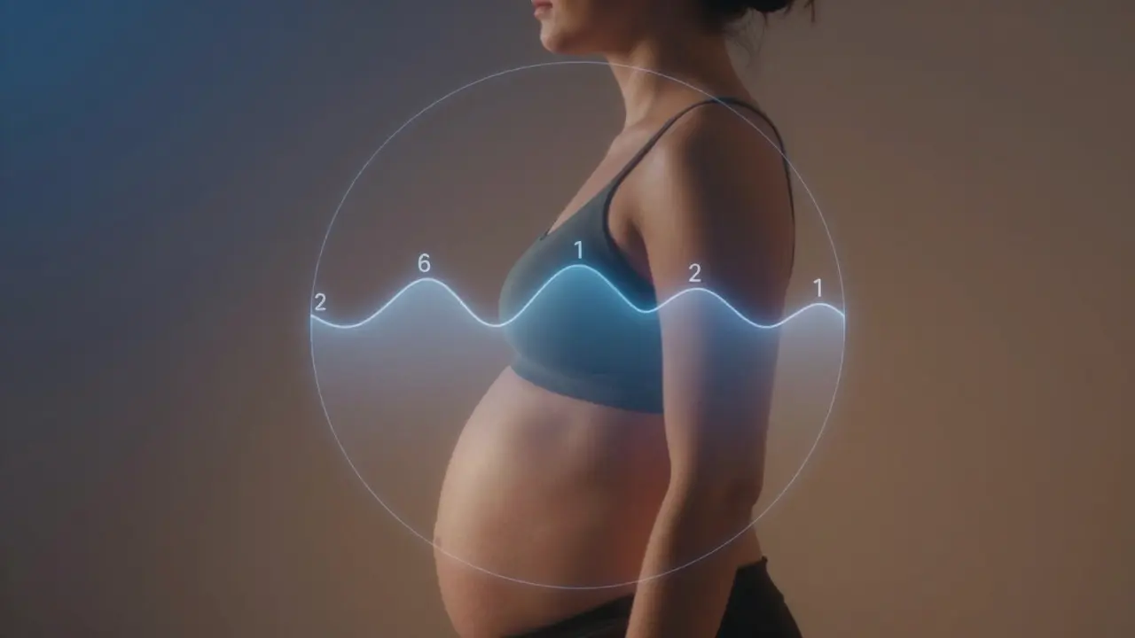 Boční pohled na člověka, který dýchá do břicha, s grafickým znázorněním 6 dechů za minutu.