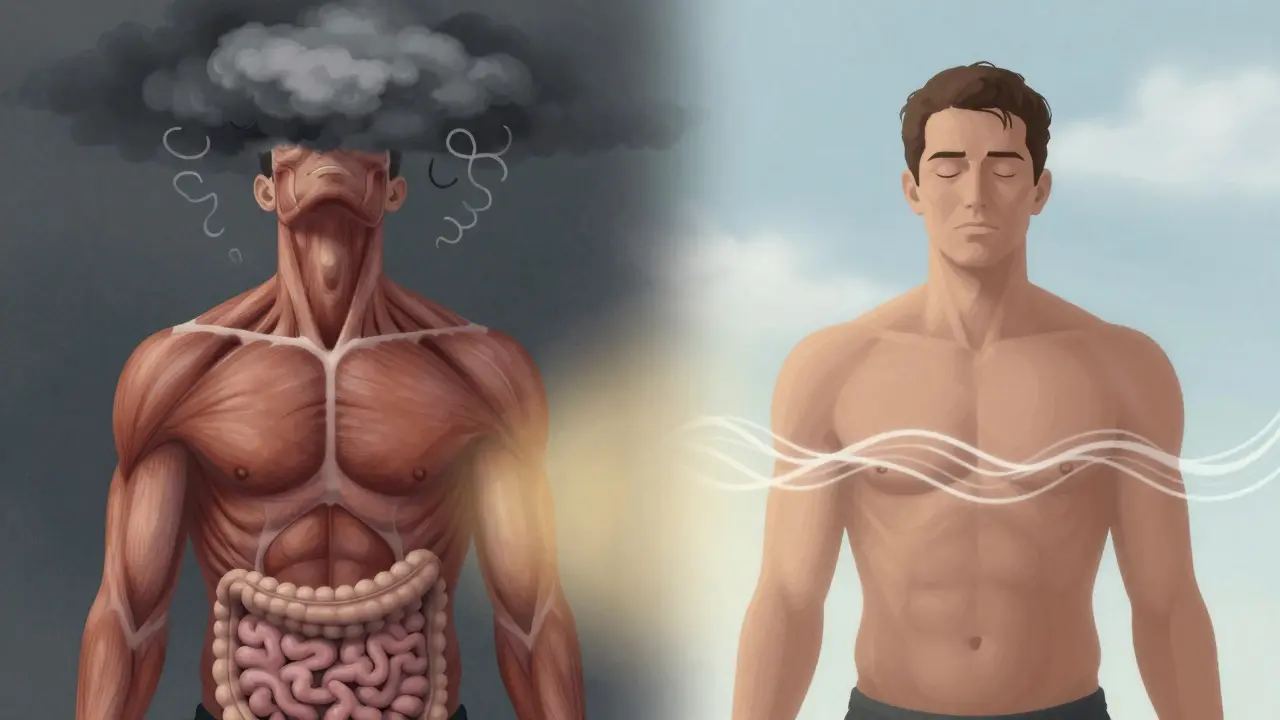 Dvě strany těla: jedna napjatá s negativními myšlenkami, druhá uvolněná s klidným dýcháním – symbolické zobrazení stresu a klidu.