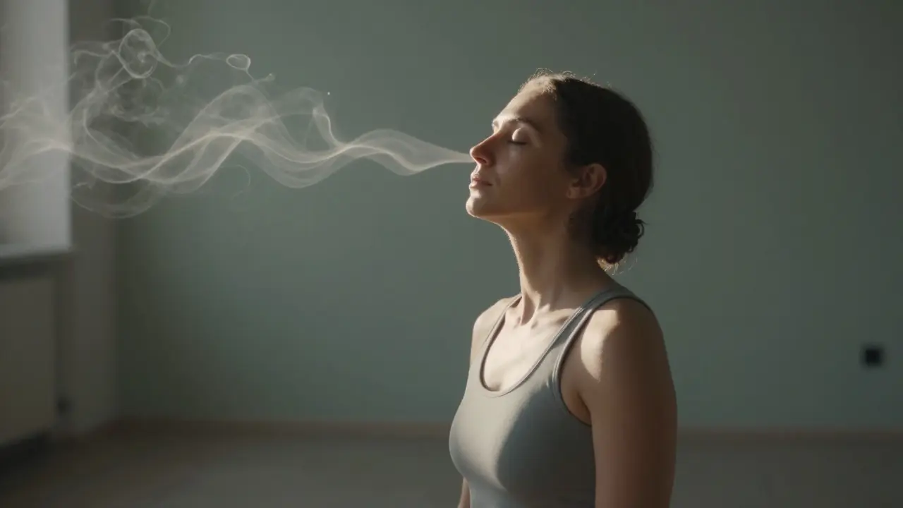 Meditující osoba v jógovém prostředí, dech symbolizován jemnou vlnou ve vzduchu.