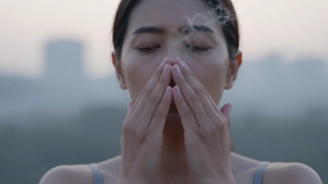 Ruce provádějí střídavé dýchání nosy, jemný par z dechu ve vzduchu, klidný výraz a měkké ranné světlo.