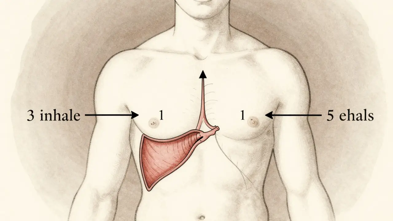 Schéma těla ukazující roztažení diafragmy při pomalém vdechu a výdechu.