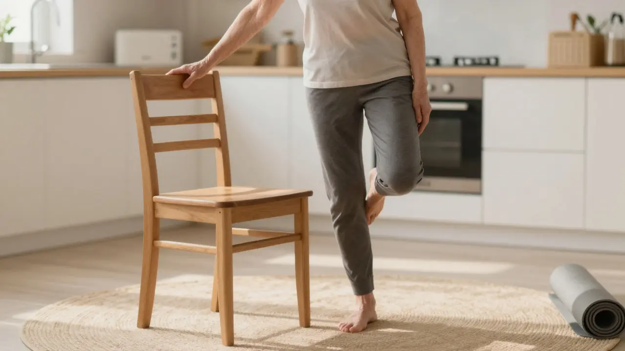 Starší osoba stojí na jedné noze s oporou o židli, klidně a rovnovážně, v kuchyni s teplým světlem.